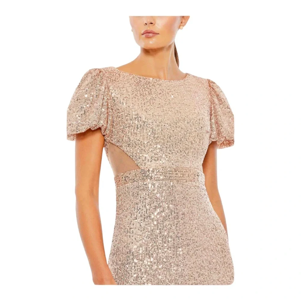 Mac Duggal Gold Sequined Puff Shoulder Illusion Cut Out Jumpsuit NWT Size 8 - Picture 3 of 9